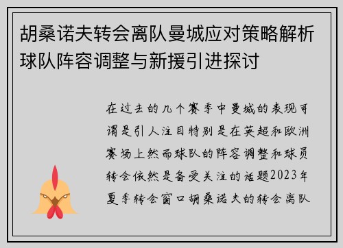 胡桑诺夫转会离队曼城应对策略解析球队阵容调整与新援引进探讨