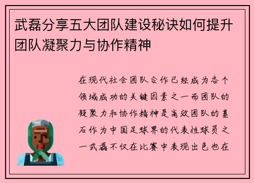 武磊分享五大团队建设秘诀如何提升团队凝聚力与协作精神